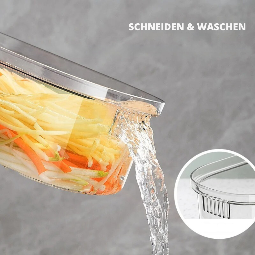 Der 6-in-1 Gemüseschneider mit verschiedenen Aufsätzen zum Zerkleinern, Reiben und Schneiden von Gemüse.