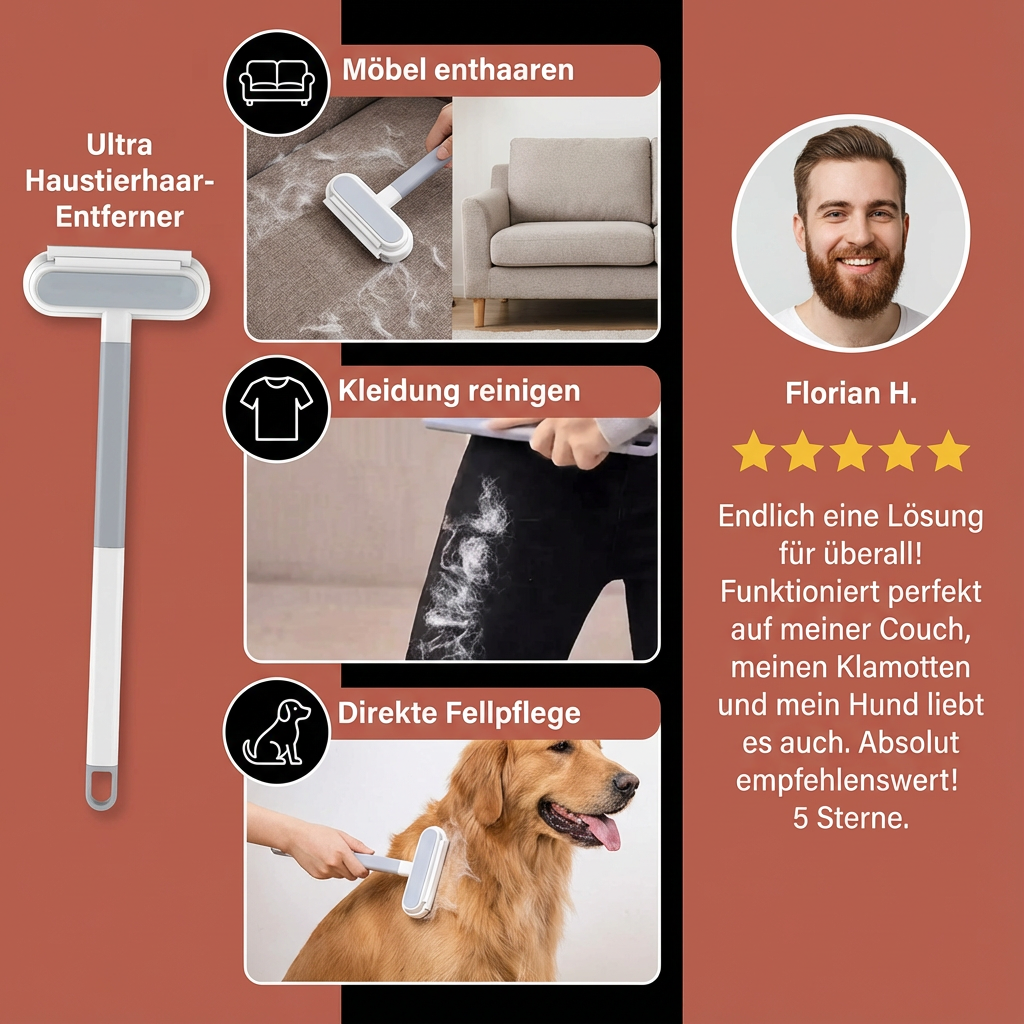 Robuste Tierhaarentferner-Bürste für Katze & Hund. Reinigt Polster, Teppiche & Kleidung von lästigen Tierhaaren & Fusseln.
