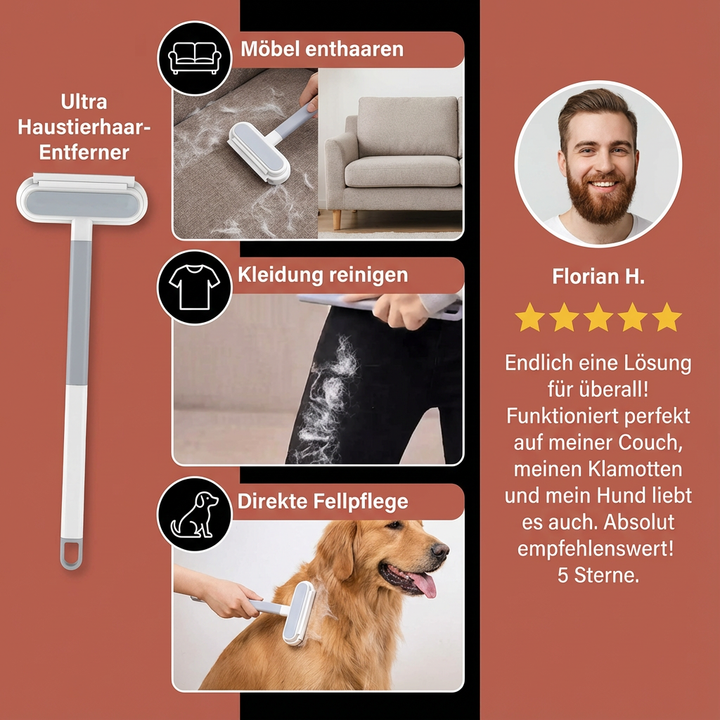 Robuste Tierhaarentferner-Bürste für Katze & Hund. Reinigt Polster, Teppiche & Kleidung von lästigen Tierhaaren & Fusseln.