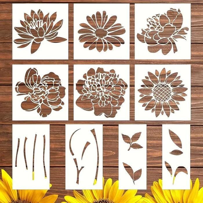 Umfangreiches Schablonenset mit verschiedenen Blumen wie Rosen, Gänseblümchen für vielseitige DIY-Projekte.