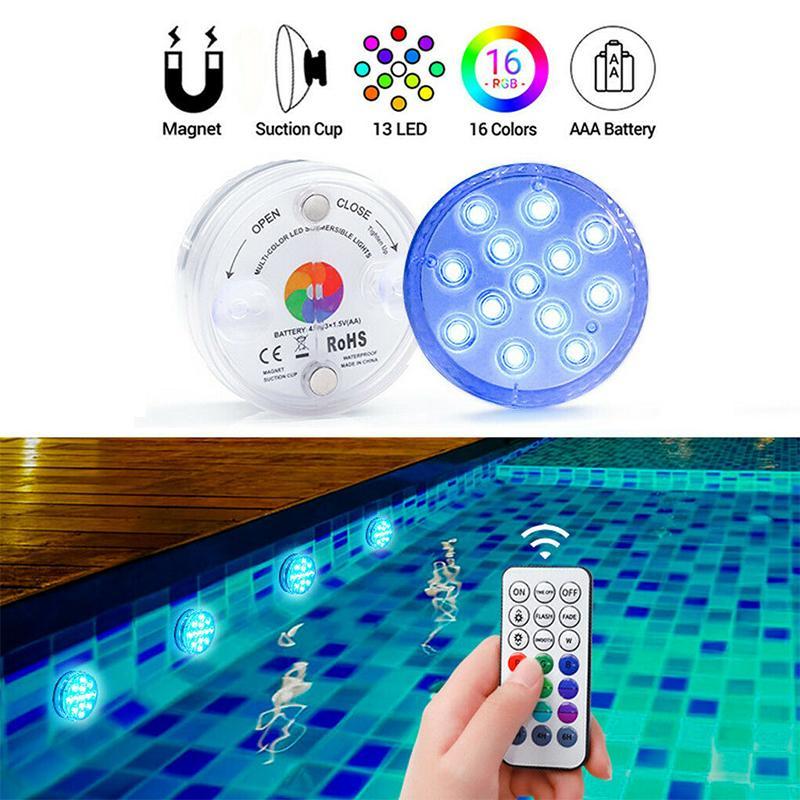 Buntes Unterwasser LED Poollicht mit Fernbedienung. Magnetisch & wasserdicht für stimmungsvolle Garten- & Teichbeleuchtung.
