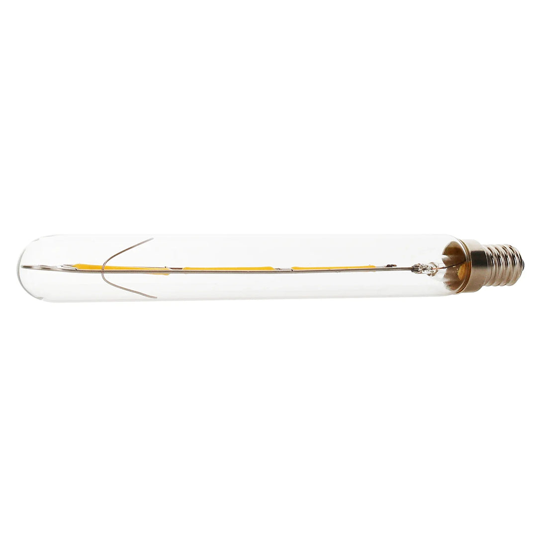 Energiesparende LED Röhrenlampe E14 mit Vintage Filament Design. Warmweißes Licht für lange, stimmungsvolle Abende.