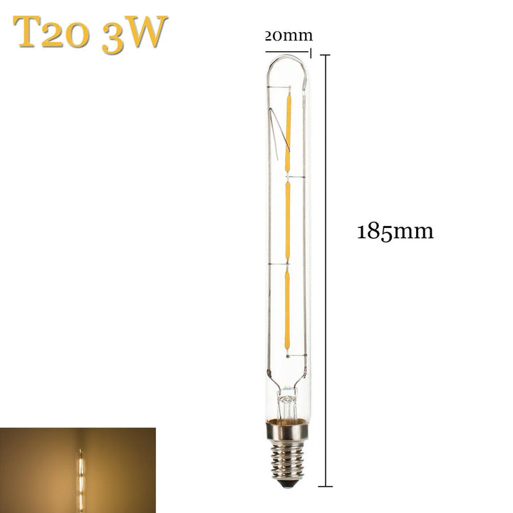 Detailaufnahme der E14 LED Röhrenlampe mit sichtbarem Vintage Filament, 2700K warmweißes Licht.