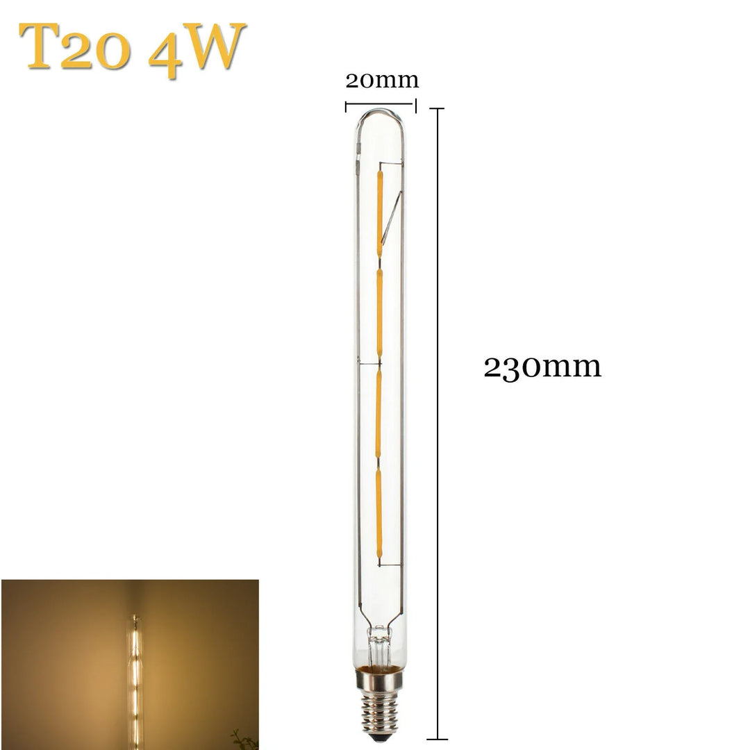 Langlebige E14 LED Röhrenlampe, 3W-6W, mit warmweißem Vintage Filament für atmosphärische Akzentbeleuchtung.
