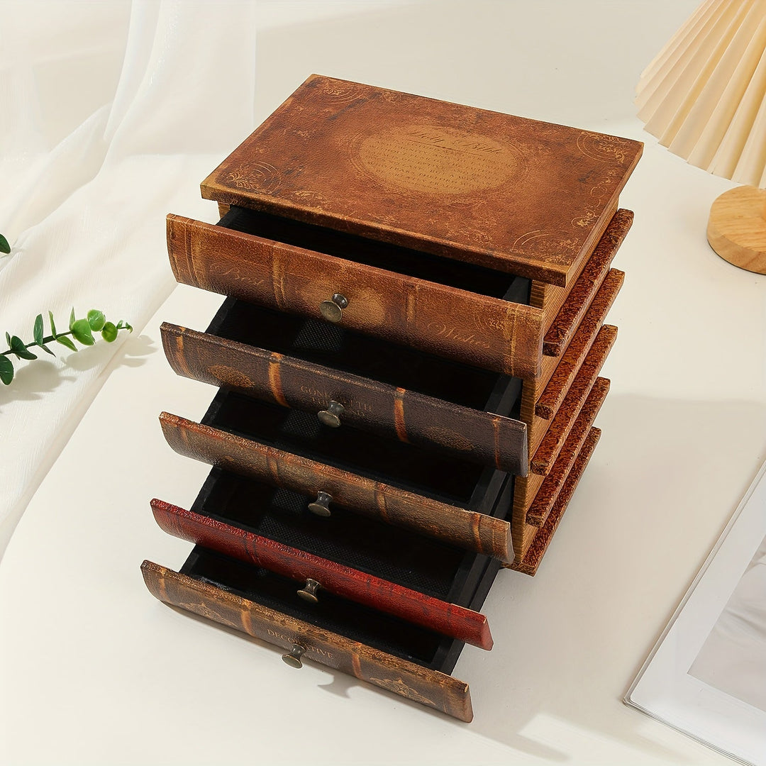 Vintage Holz-Schmuckbox im Buch-Design mit 5 Schubladen für stilvolle Schmuckaufbewahrung und Deko.