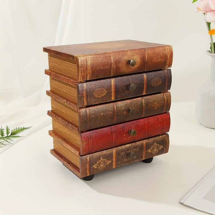 Edle Massivholz-Schmuckbox im Vintage Buch-Design mit 5 Fächern, ideal als Organizer für Schmuck.