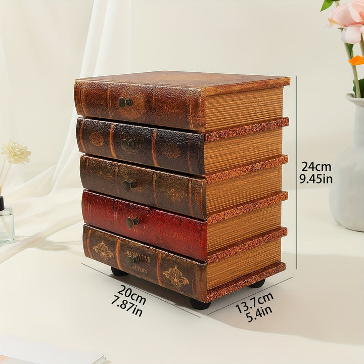Detailansicht der Vintage Holz-Schmuckbox mit 5 ausziehbaren Schubladen im antiken Buch-Design.