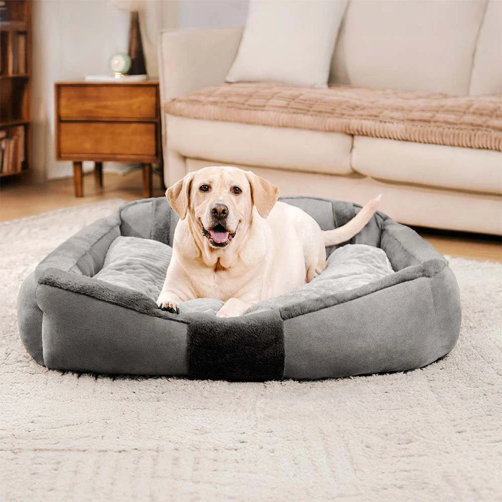 Beruhigendes Hundebett mit Gelenkunterstützung, im Vintage Sofa-Stil. Grau, waschbar und super gemütlich.