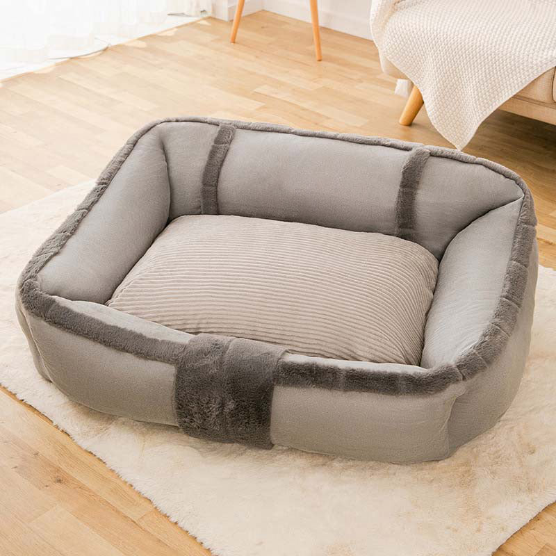 Vorderansicht des grauen Vintage Hundebett Sofas. Gemütliches, waschbares Tierbett, ideal zum Kuscheln.
