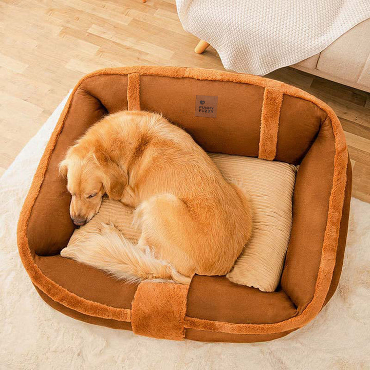 Gelenkschonendes braunes Hundebett im Vintage Sofa-Design. Beruhigend & gemütlich für jeden Hund, waschbar.