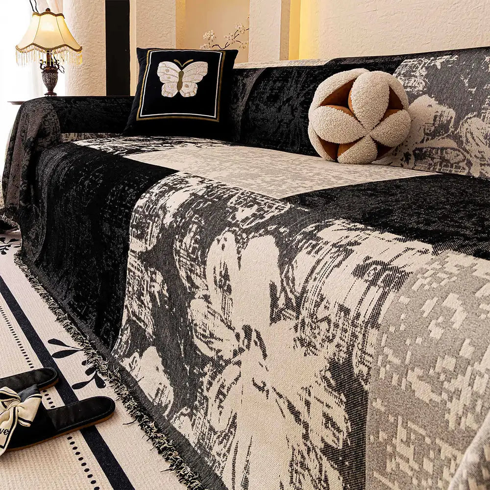 Kratzfester Chenille Couchbezug mit Vintage-Jacquard, botanisch, waschbar, ideal für Haustiere.