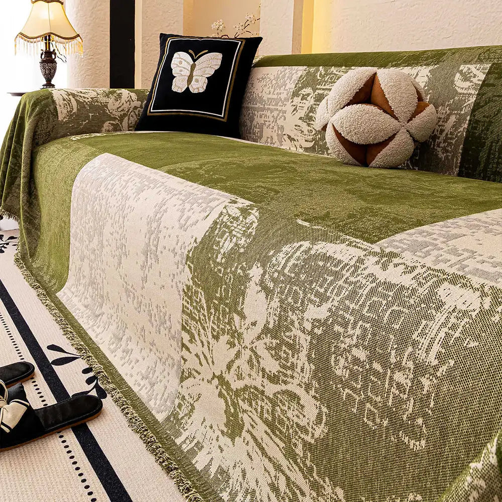 Tierfreundlicher Sofaschutz aus Jacquard-Chenille, Vintage-Botanisches Design, braun/grün.