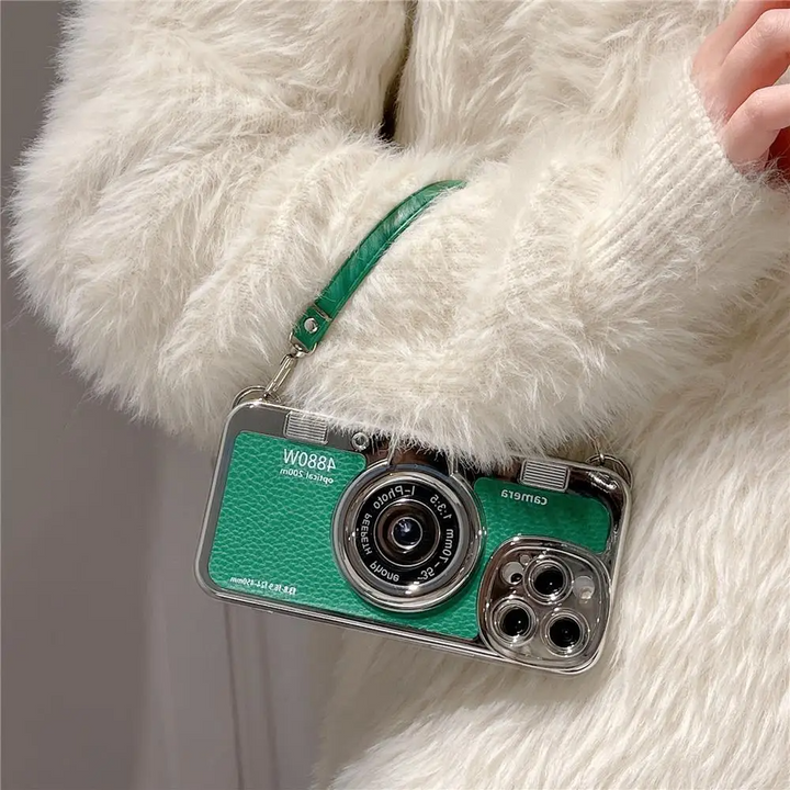 Vintage Kamera iPhone Hülle mit Riemen, stilvolle Retro-Schutzhülle in Lederoptik für Ihr Smartphone.