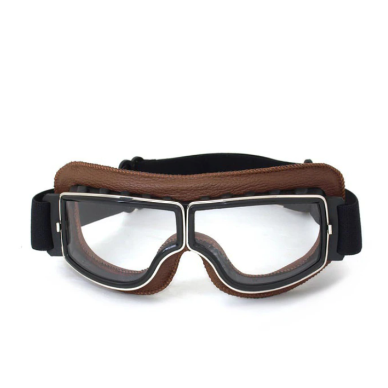 Robuste Motorrad-Schutzbrille aus schwarzem Leder im Vintage-Look. Idealer Augenschutz für Motorrad und Outdoor.