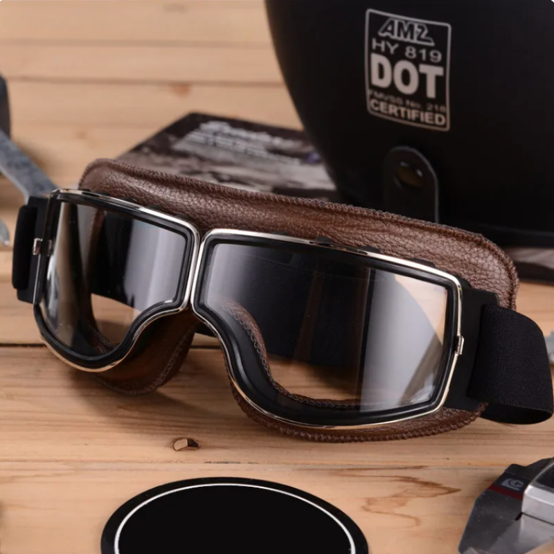 Vintage Motorradbrille aus echtem Leder für stilvolle Fahrten. Retro Augenschutz für Cruiser & Chopper.