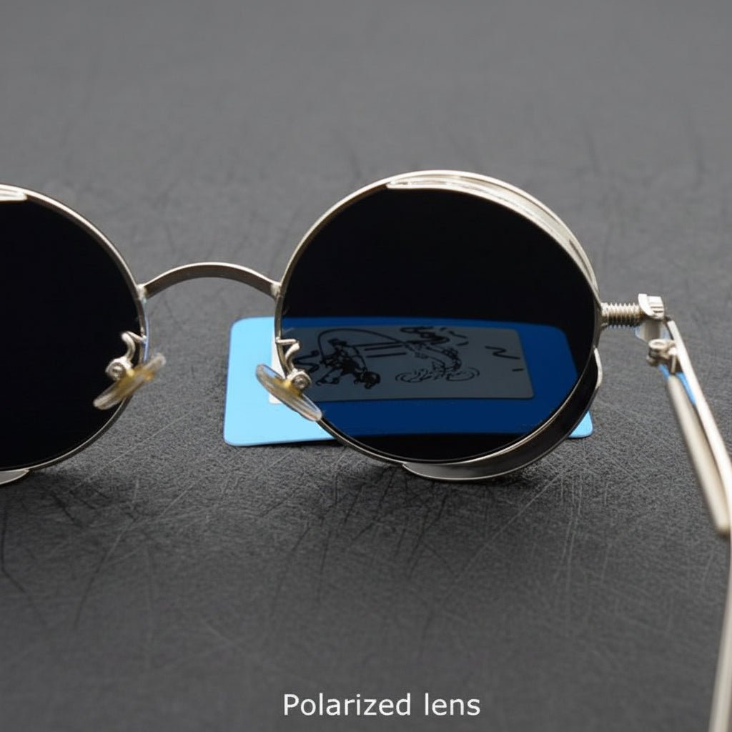 Nahaufnahme: Vintage Sonnenbrille, Legierungsrahmen, polarisierte UV400 Gläser.