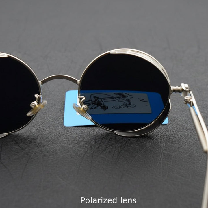 Nahaufnahme: Vintage Sonnenbrille, Legierungsrahmen, polarisierte UV400 Gläser.
