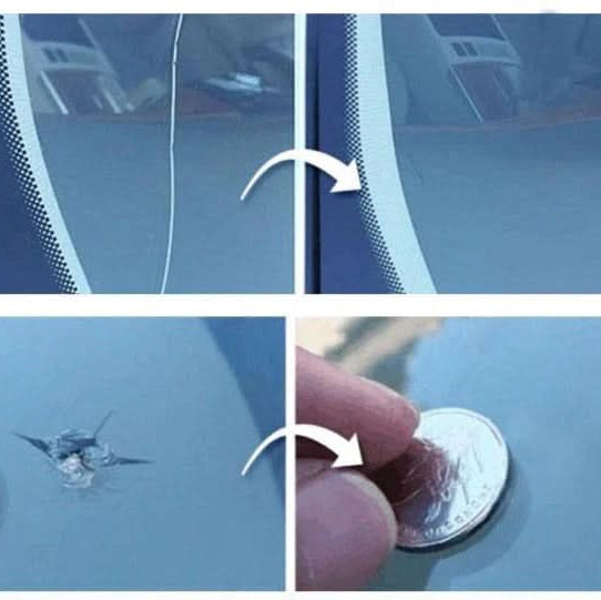 Vorher/Nachher VisiFix Glasreparatur: Steinschlag auf Autoscheibe behoben, für klare, sichere Sicht.