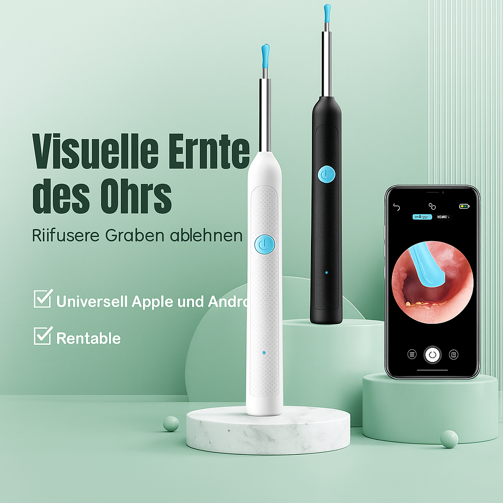 Visueller Ohrreiniger mit HD-Kamera, ergonomisches Design für sichere Ohrenschmalzentfernung & gründliche Ohrhygiene.