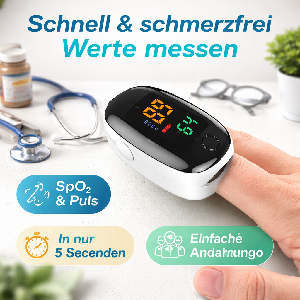 VitalCheck Duo Pulsoximeter für schnelle & präzise Messung von Sauerstoffsättigung (SpO2) und Puls.