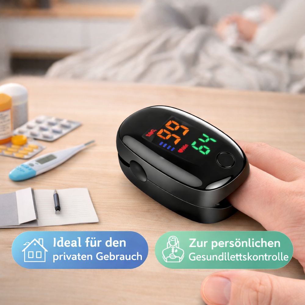 Tragbares VitalCheck Duo Pulsoximeter zur einfachen & schnellen Überwachung von Sauerstoffgehalt & Herzfrequenz zu Hause.