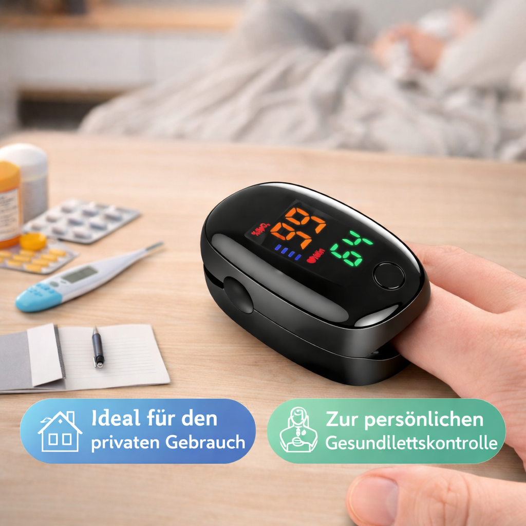 Tragbares VitalCheck Duo Pulsoximeter zur einfachen & schnellen Überwachung von Sauerstoffgehalt & Herzfrequenz zu Hause.