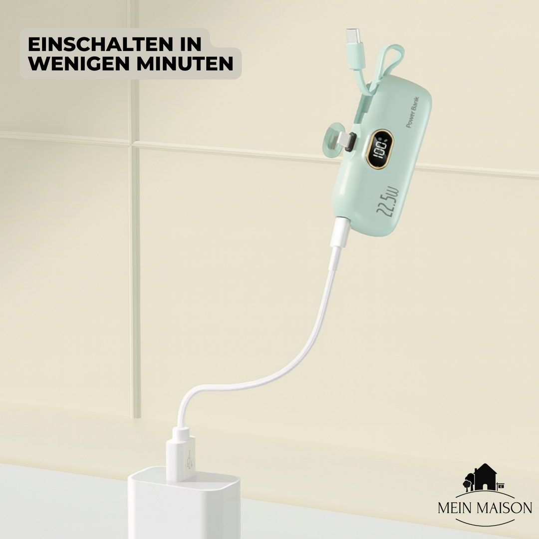 VoltZip Mini Powerbank lädt ein Smartphone schnell auf; perfekte Energie für unterwegs und Reisen.