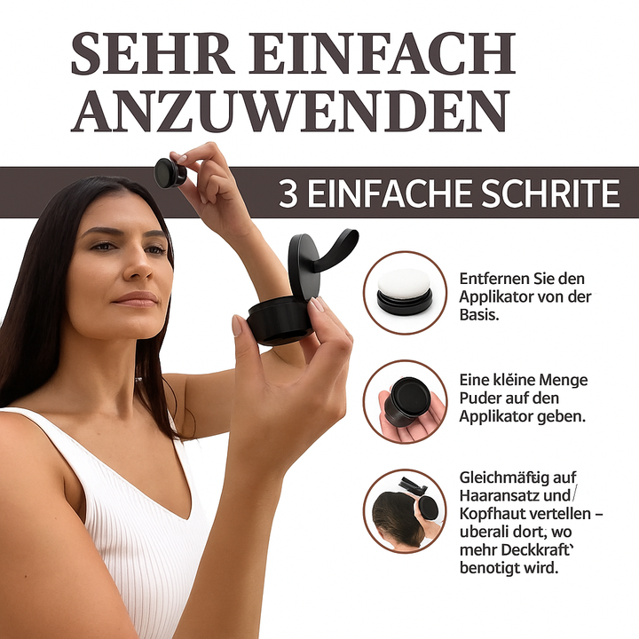 VoluHair SoftCover Haarpuder zur Ansatzkaschierung & Grauabdeckung. Sofortige Haarfülle & Volumen für Styling.