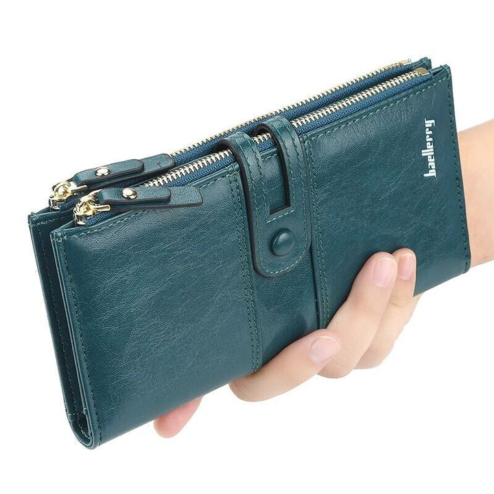 Elegantes Design der langen Damen Geldbörse, ein stilvolles Portemonnaie mit Doppelreißverschluss.