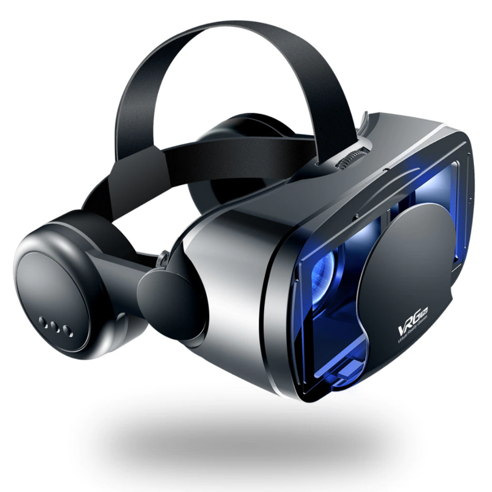 Nutzer trägt VR-Brille mit Headset für Smartphone. Genieße Virtual Reality auf iPhone oder Android.