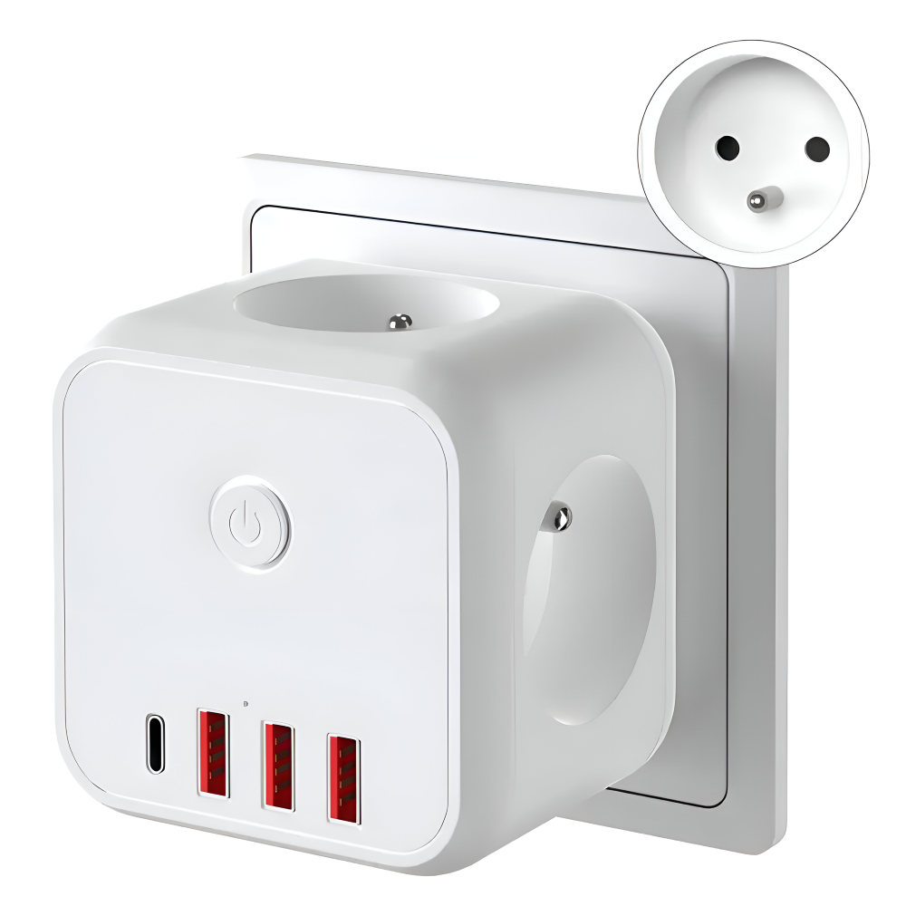 Würfel-Mehrfachsteckdose mit USB-C/A Ports, Überlastschutz und Schalter, ideal für Homeoffice-Ordnung.