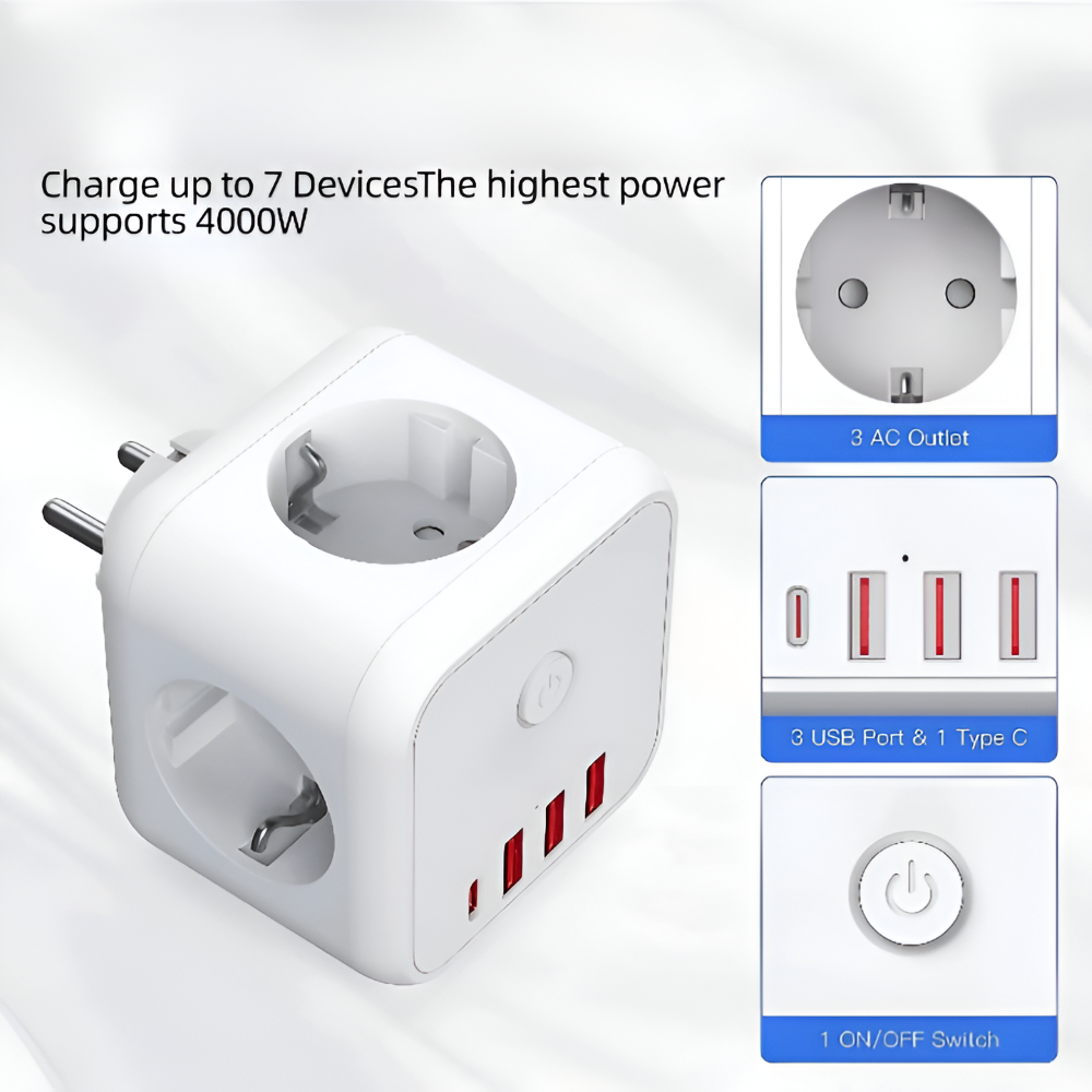 Robuste Würfelsteckdosenleiste mit 5 AC-Steckdosen und 3 USB-Ports für maximale Gerätevielfalt.