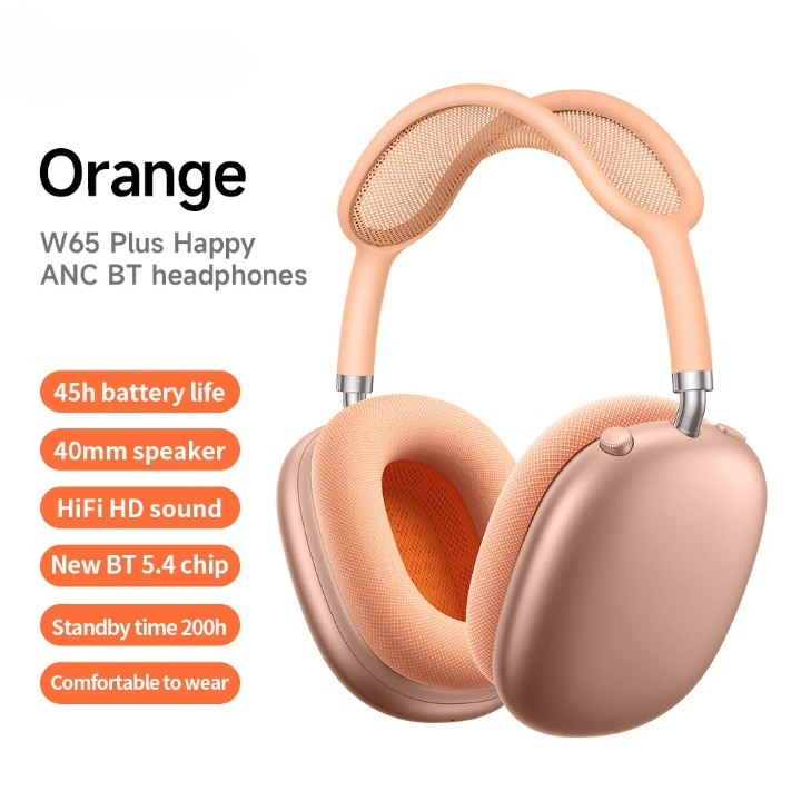 Frontansicht der W65 Plus Bluetooth Over-Ear Kopfhörer, bekannt für Akkulaufzeit und Geräuschunterdrückung.