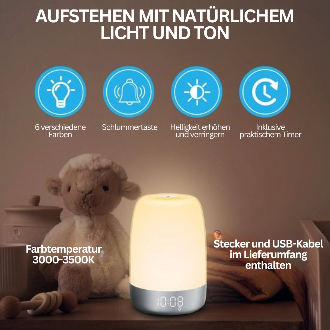Kompakter Reisewecker Aurora: Wake-up-Light mit Sonnenaufgangssimulator, Naturklängen und Stimmungslicht.