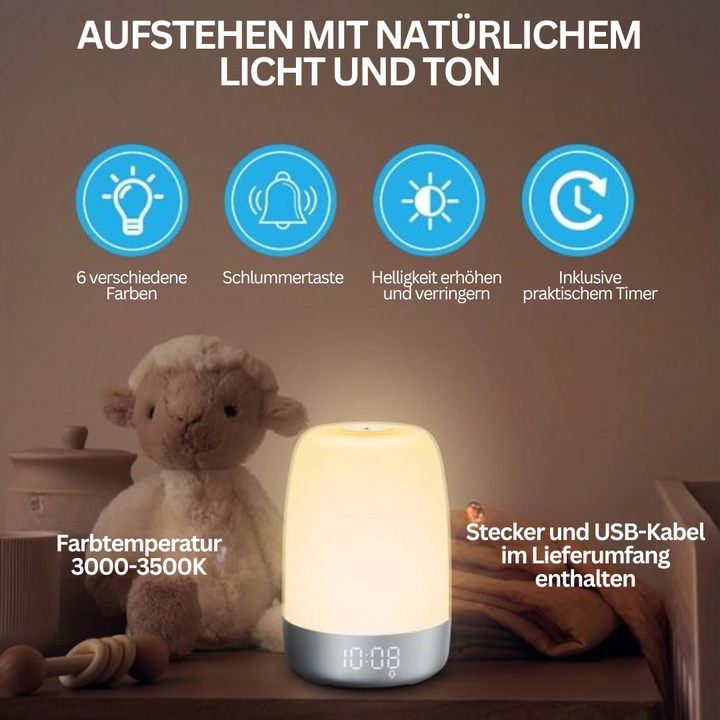 Kompakter Reisewecker Aurora: Wake-up-Light mit Sonnenaufgangssimulator, Naturklängen und Stimmungslicht.