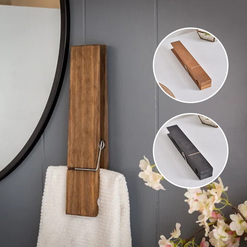 Wand-Handtuchhalter aus Holz im Wäscheklammer-Design für Badezimmer.