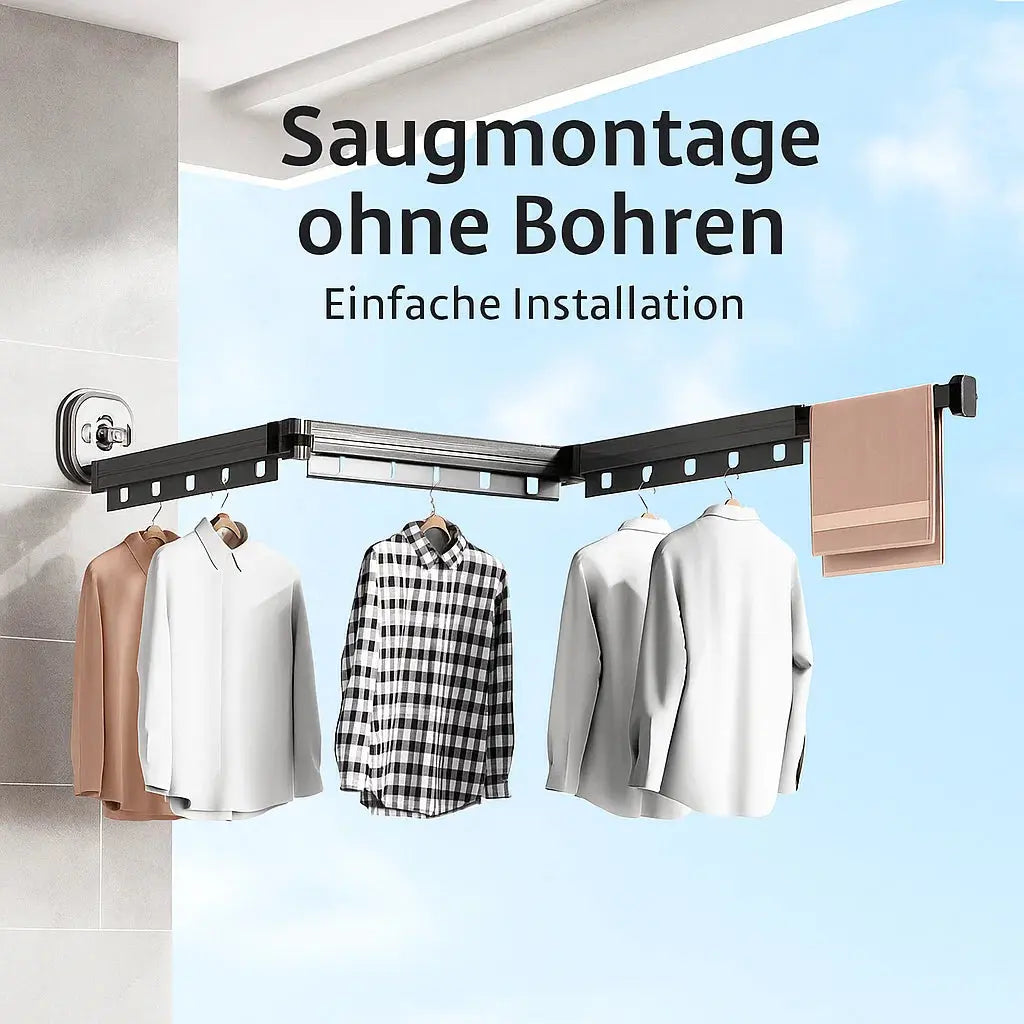 Ultrakompakter, klappbarer Wandtrockner ohne Bohren, maximiert Raum in kleinen Wohnungen und Bädern.