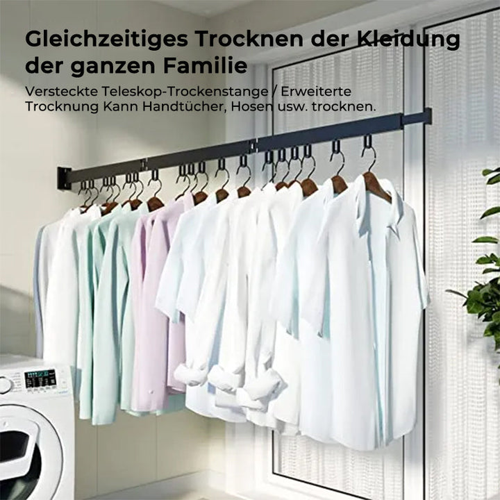 Effizienter wandmontierter Wäscheständer als Trockengestell, komplett klappbar bei Nichtbenutzung.