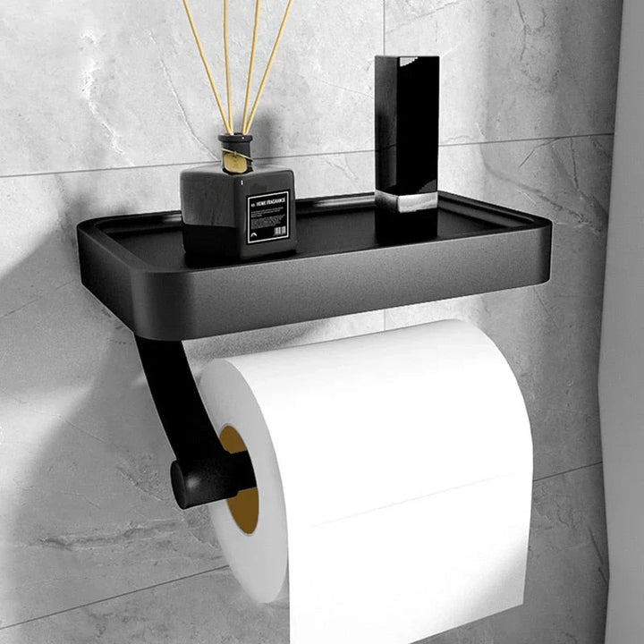 Wandmontierter Toilettenpapierhalter aus Edelstahl mit praktischer Ablage für modernes Badezimmer.