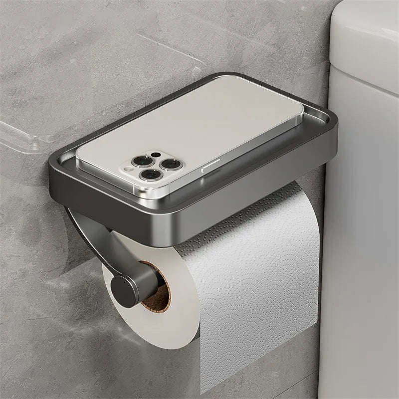 Smartes Badaccessoire: Toilettenpapierhalter mit Ablage aus rostfreiem Edelstahl zur Wandmontage.