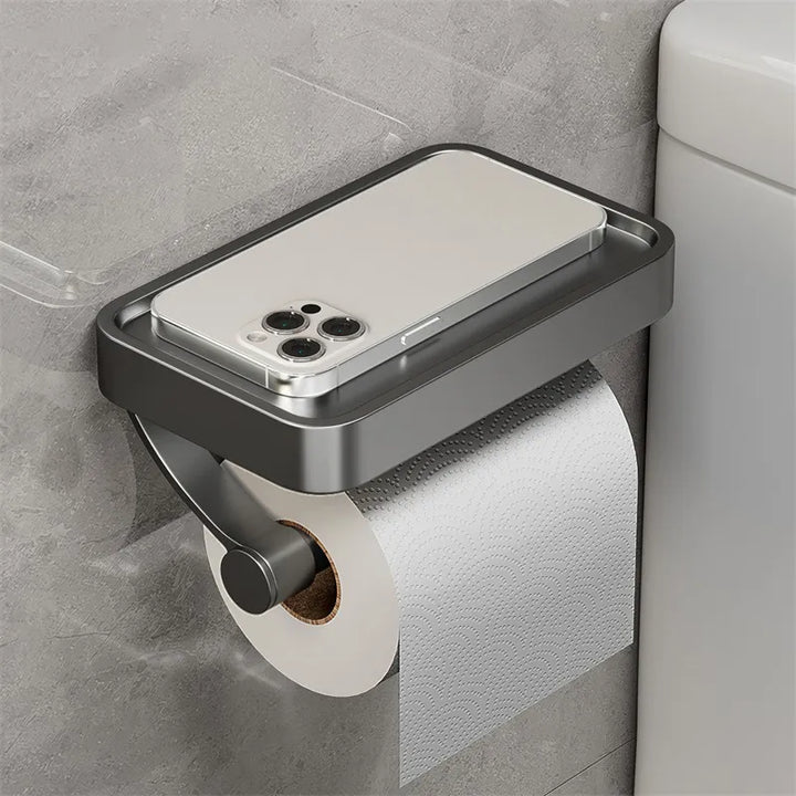 Smartes Badaccessoire: Toilettenpapierhalter mit Ablage aus rostfreiem Edelstahl zur Wandmontage.