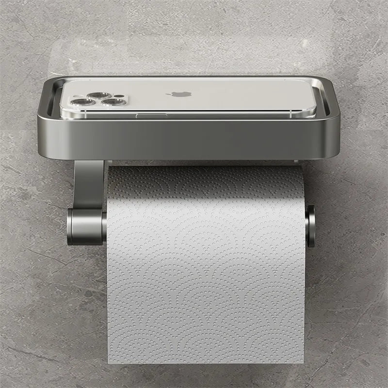 Edelstahl-Toilettenpapierhalter mit Handyablage, ideal für jedes Badezimmer.