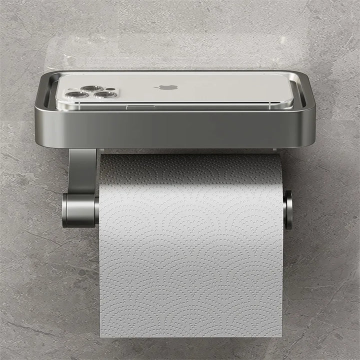 Edelstahl-Toilettenpapierhalter mit Handyablage, ideal für jedes Badezimmer.