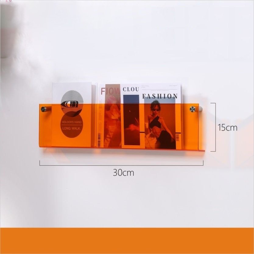 Wandmontierter, transparenter Acryl Zeitschriftenhalter für schwebende Optik im modernen Wohnzimmer.