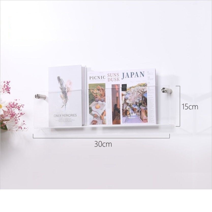 Eleganter Acryl-Wandhalter zur minimalistischen Aufbewahrung von Magazinen und Büchern im Büro.