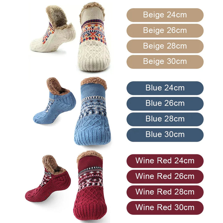 Rutschfeste Thermo-Haussocken für Damen & Herren, sicher auf glatten Böden. Ideal als Bettsocken im Winter.