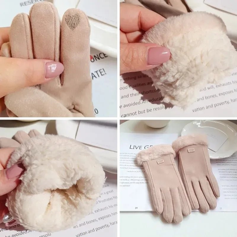Graue, flauschige Damenhandschuhe mit Touchscreen-Fingern. Optimaler Kälteschutz und modisches Accessoire.