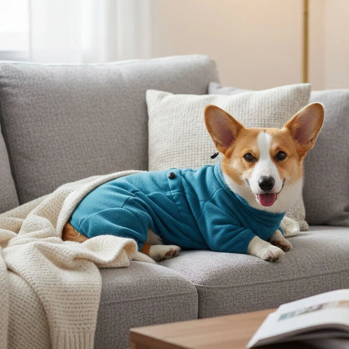 Kuscheliger Hundeanzug, ideal als Haustierkleidung und warmer Kälteschutz für den Winter.