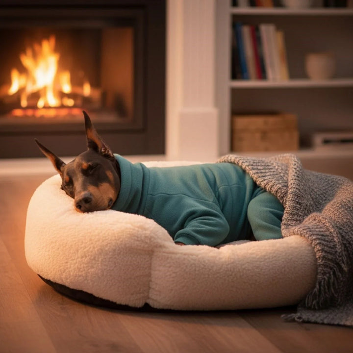 Robuster Hundeanzug marineblau, schützt als Hundekleidung bei Schnee und eisigen Temperaturen.