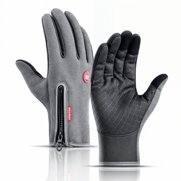 Person trägt WARMTOUCH Sport-Handschuhe, die warm, winddicht und Touchscreen-kompatibel sind.